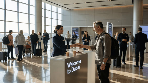 A staff member offers a complimentary refreshment to an arriving passenger at a 'Dubai Welcome' station in DXB Terminal 3.