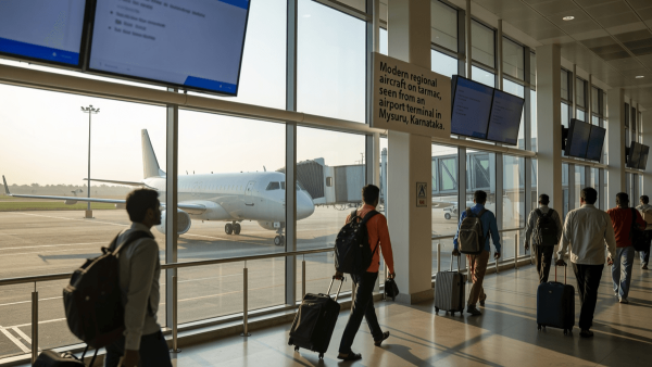 A modern regional aircraft is parked on the tarmac, viewed through the large windows of a bright airport terminal.