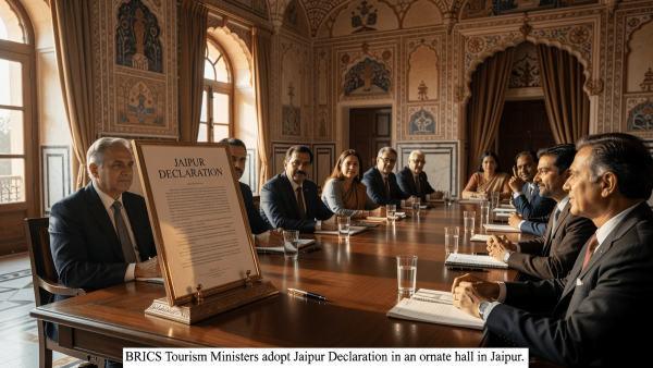 A wide-angle shot of a formal document titled 'JAIPUR DECLARATION' on a stand in an ornate hall with delegates.