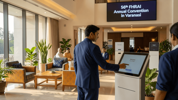 A professional hotel staff member stands near a sleek digital check-in kiosk in a contemporary, sunlit hotel lobby.