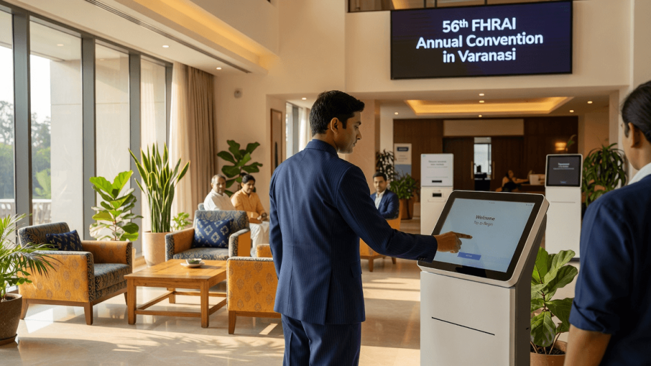 A professional hotel staff member stands near a sleek digital check-in kiosk in a contemporary, sunlit hotel lobby.