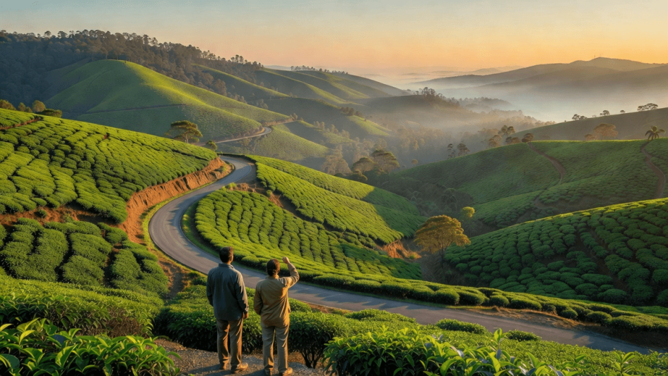 A wide-angle shot of Wayanad's rolling green hills and valleys at golden hour, with distant anonymous figures at a viewpoint.