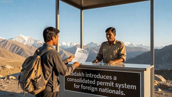 A foreign national presents a document at a modern outdoor registration booth in a scenic Ladakh mountain landscape.