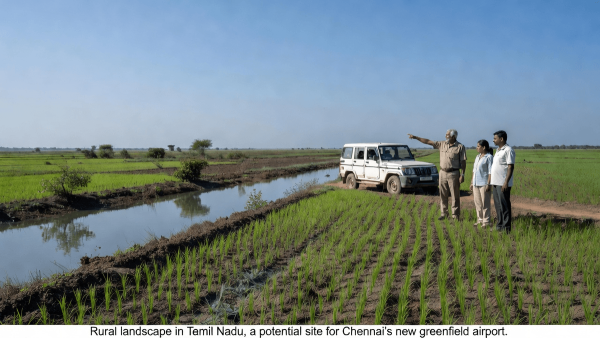 A wide-angle shot of a fertile green agricultural field and a calm water body in the foreground, with a small team of people and a vehicle in the midground under a clear sky.