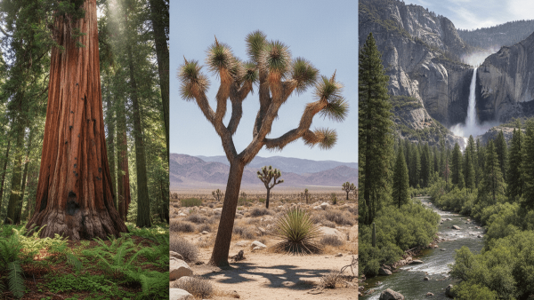 A panoramic composite image showing a giant redwood tree, a Joshua tree in a desert, and a distant waterfall cascading down a granite cliff.