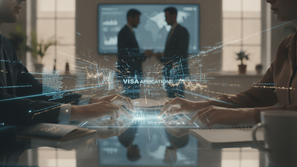 A close-up shows human hands interacting with a digital interface displaying visa application data, symbolizing AI-human collaboration.