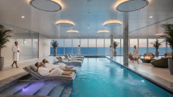 Digital rendering of Norwegian Aura's Mandara Spa, featuring the Sensory Rain Pool with water effects and lounge seating.