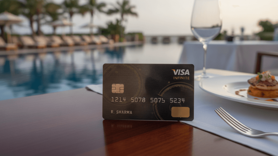 A sleek Visa Infinite card prominently displayed, partially obscuring a blurred background featuring a luxurious resort pool and an elegant dining setting.
