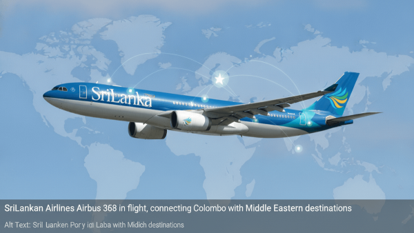 A SriLankan Airlines Airbus A330 aircraft flying against a blue sky, with a subtle graphic overlay depicting flight routes to Middle Eastern cities.