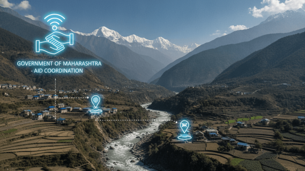 Stylized image of Nepal's mountainous landscape and a river, with overlaid symbols representing government aid and communication efforts.