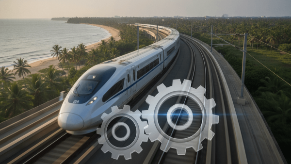 A modern train on a railway track, with a subtle graphic overlay of two interlocking gears. A blurred coastal landscape is in the background.