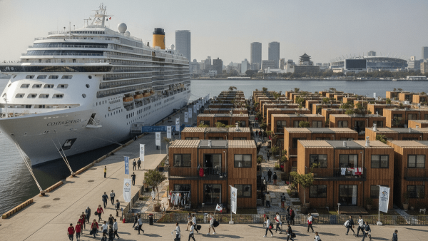 A large cruise ship docked at a pier next to a cluster of modern wooden shipping container-style huts, serving as athlete housing.