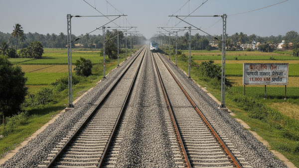 A wide shot of several parallel railway tracks, gleaming under sunlight, stretching towards a distant horizon in a rural Indian landscape.
