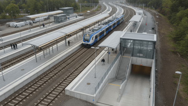 An aerial view of Oulu Passenger Rail Yard showing multiple new and renovated platforms, tracks, and entrances to pedestrian underpasses.