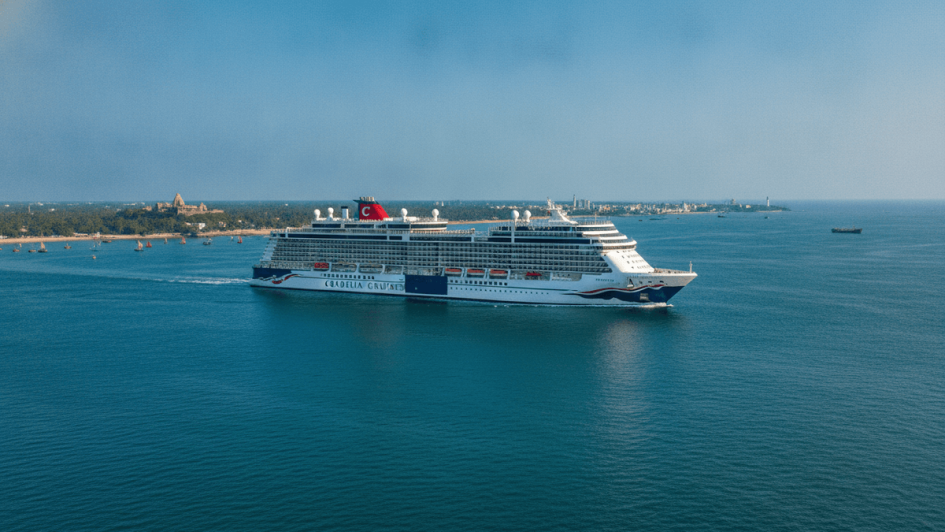 A large, white Cordelia cruise ship with blue and red accents, sailing on calm blue waters. A lush green Indian coastline is visible in the distance under a bright sky.