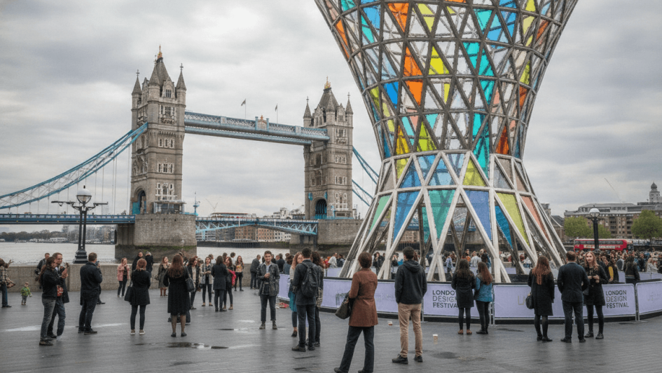 A vibrant, abstract design installation in London's urban landscape, with people observing and a recognizable city building in the background.