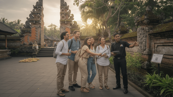 A group of Indian tourists and a BaliTrip Wisata representative stand before a traditional Balinese temple, lush greenery surrounding them.