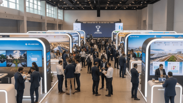 A wide shot of a bustling trade show floor with numerous attendees networking among modern exhibition booths and large digital displays.