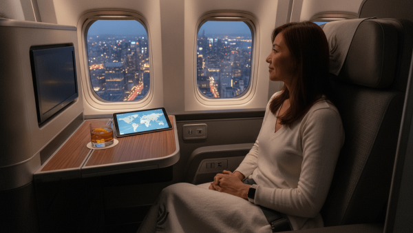 A person seated in a modern business class airline cabin, looking out a window at a distant urban skyline, with a drink on the tray table.