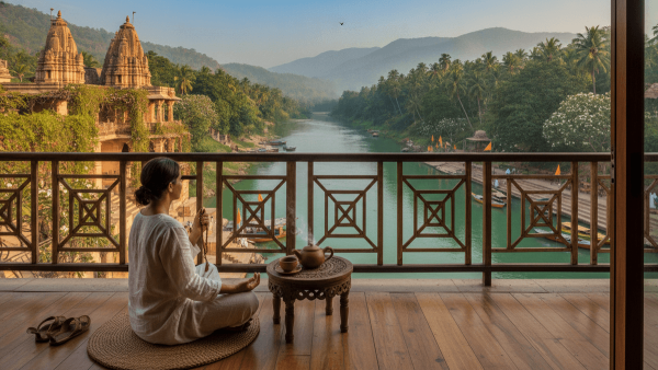 A serene view from a hotel balcony in India, showing a sacred river, ancient temple architecture, and verdant hills under a clear sky.