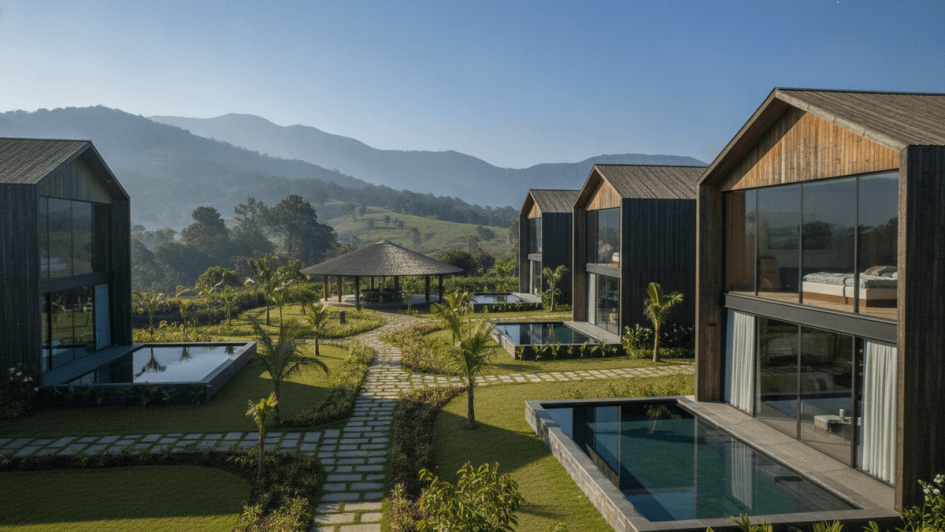 Contemporary barn-style luxury villas with large windows, surrounded by lush green hills of the Western Ghats, under a clear sky.
