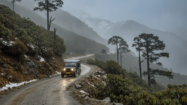 A dark jeep drives on a winding, unpaved mountain road in the Himalayas, partially obscured by thick mist and light rain.