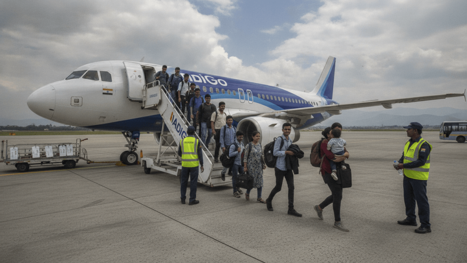 An IndiGo aircraft on an airport tarmac with Indian citizens disembarking, some carrying small bags, after returning from Nepal.
