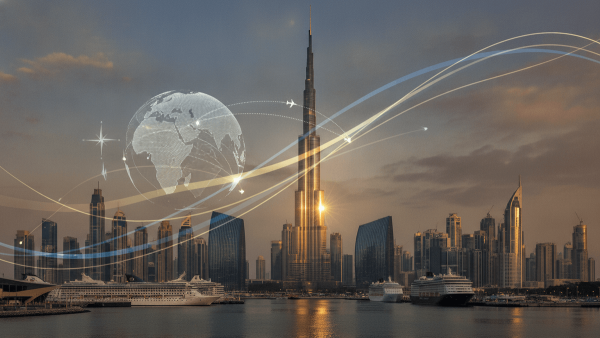 A photograph of the modern Dubai skyline featuring the Burj Khalifa, with abstract lines and a stylized globe overlaid, representing international travel and visa policy changes.