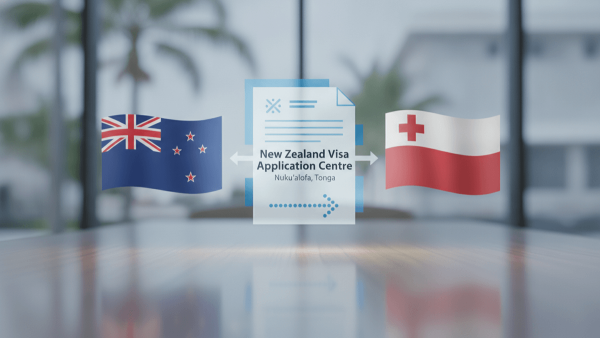 A graphic illustration showing the flags of New Zealand and Tonga, connected by a stylized visa application form.