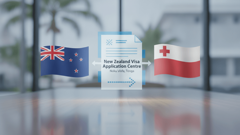 A graphic illustration showing the flags of New Zealand and Tonga, connected by a stylized visa application form.