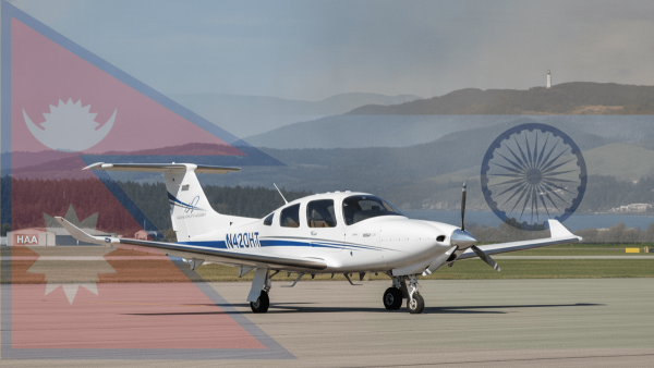 A modern white training aircraft, possibly a Diamond DA42, on a runway. In the background, a composite image shows a US landscape with a subtle Nepal flag and a New Zealand landscape with an India flag.