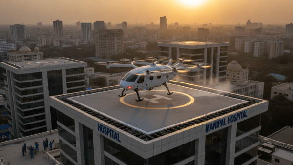 A sleek, white eVTOL aircraft with a red medical cross on its side hovers above a hospital helipad at sunset in an Indian city.