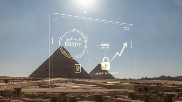 A photograph of the Giza Pyramids under a clear sky, overlaid with a translucent digital interface showing a stylized visa stamp.