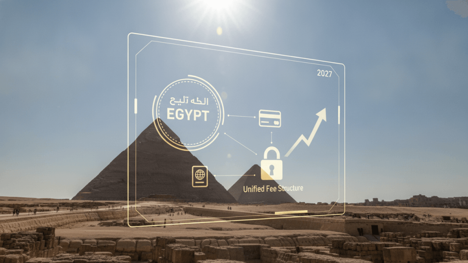 A photograph of the Giza Pyramids under a clear sky, overlaid with a translucent digital interface showing a stylized visa stamp.