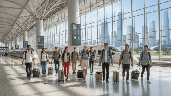 A diverse group of international travelers with luggage walking through a bright, modern Chinese airport terminal, with digital payment logos subtly visible.