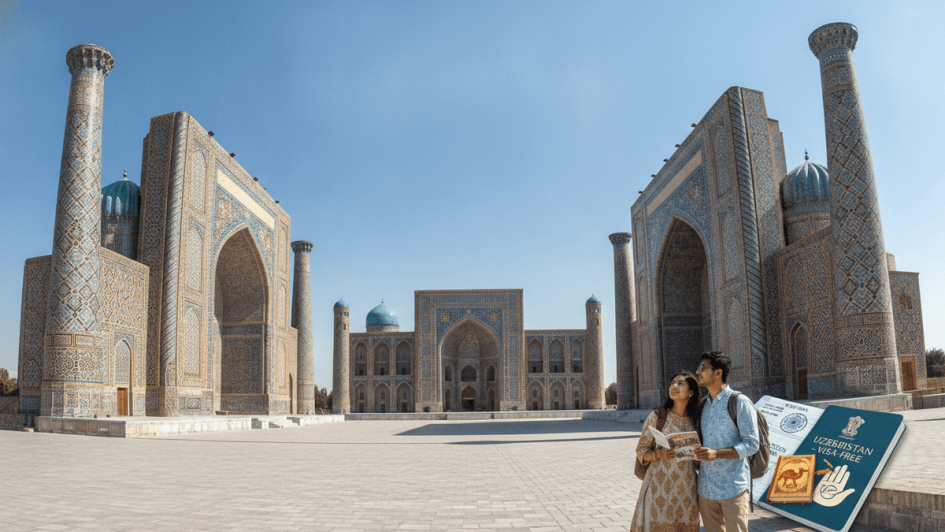 A wide shot of Registan Square in Samarkand, Uzbekistan, featuring three grand madrasahs with intricate blue tilework under a clear sky.