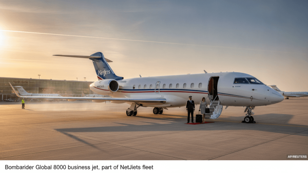 A sleek, white Bombardier Global 8000 business jet with blue and red NetJets livery, parked on an airport tarmac under a clear sky.
