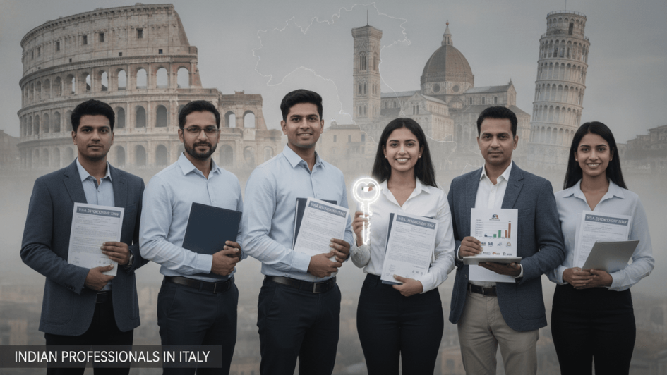 A diverse group of Indian professionals standing before a blurred backdrop of iconic Italian landmarks, holding documents, symbolizing career migration.