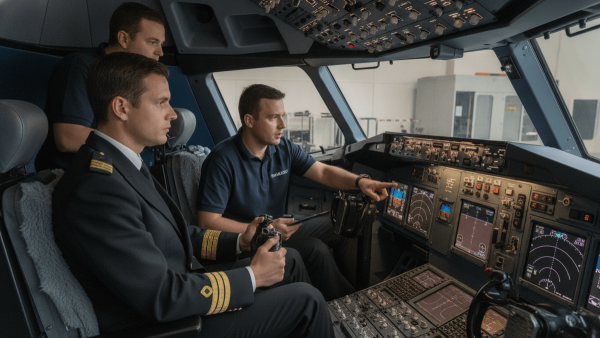 A pilot in uniform sits in the cockpit of a full-flight simulator, hands on controls, with an instructor observing from behind.