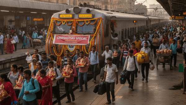 A bustling train platform in Mumbai with passengers, some carrying small Ganesh idols, boarding a decorated special train for Ganeshotsav.