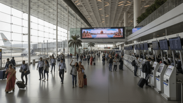 A wide-angle view inside a brightly lit, modern Indian airport terminal, showing a large passenger jet at a gate, self-check-in kiosks, and diverse travelers moving through the concourse.