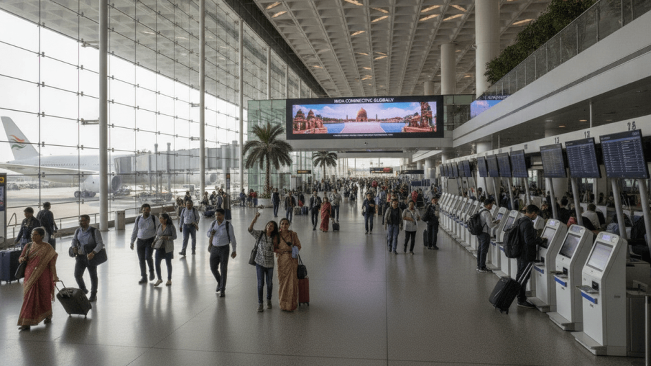 A wide-angle view inside a brightly lit, modern Indian airport terminal, showing a large passenger jet at a gate, self-check-in kiosks, and diverse travelers moving through the concourse.