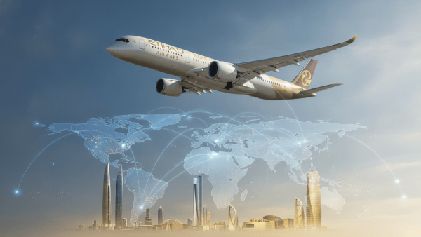 An Etihad Airways A350 aircraft flies above a stylized global map with glowing network lines, set against Abu Dhabi's skyline.