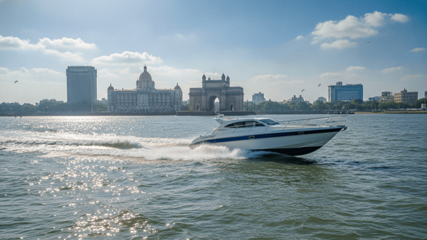 A modern speedboat on the water, with the historic Gateway of India and Mumbai's skyline visible in the background under clear skies.