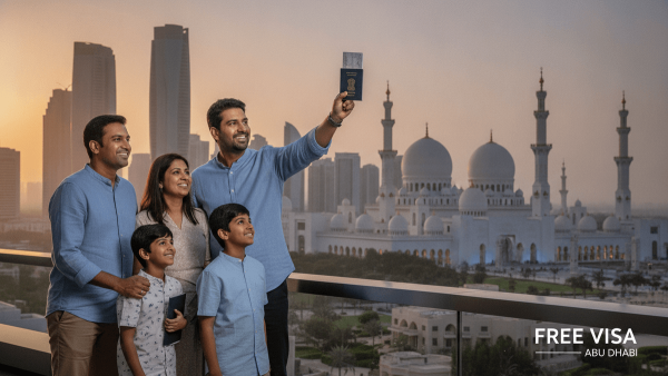A vibrant image of Abu Dhabi's modern skyline, featuring the Sheikh Zayed Grand Mosque, with an Indian family holding passports in the foreground.