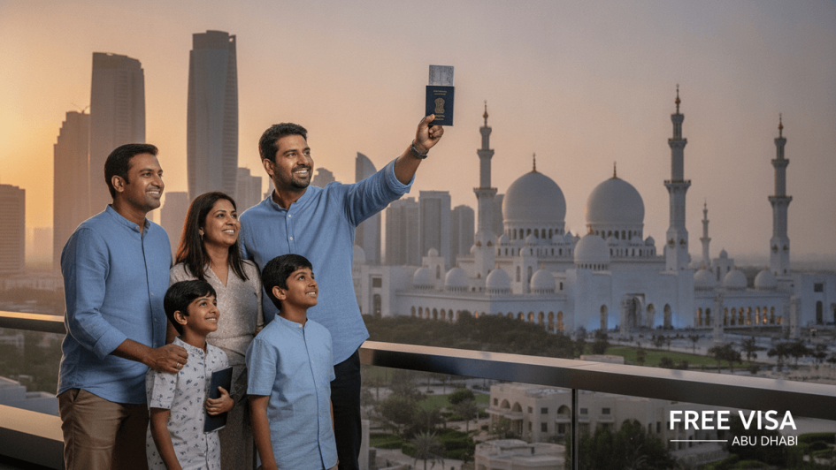 A vibrant image of Abu Dhabi's modern skyline, featuring the Sheikh Zayed Grand Mosque, with an Indian family holding passports in the foreground.