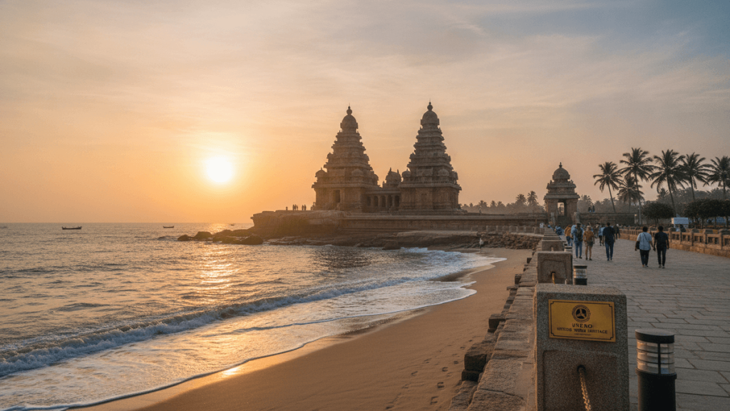 The ancient Shore Temple in Mahabalipuram, Tamil Nadu, stands on the coast at sunrise, its rock-cut architecture illuminated.