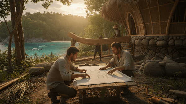 Two architects examine blueprints on a wooden table by a tropical beach, with a thatched-roof building and workers in the background.