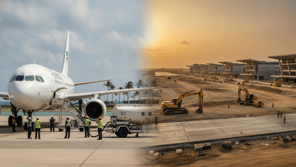A split image showing a Fiji Airways plane being refueled on a sunny tarmac and a large airport construction site with excavators.
