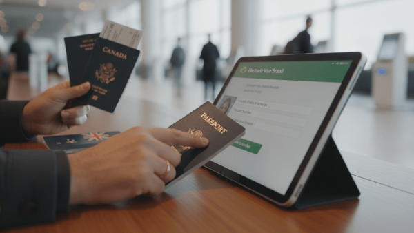 Close-up of hands holding Canadian, American, and Australian passports next to a tablet displaying the "Electronic Visa Brazil" application.